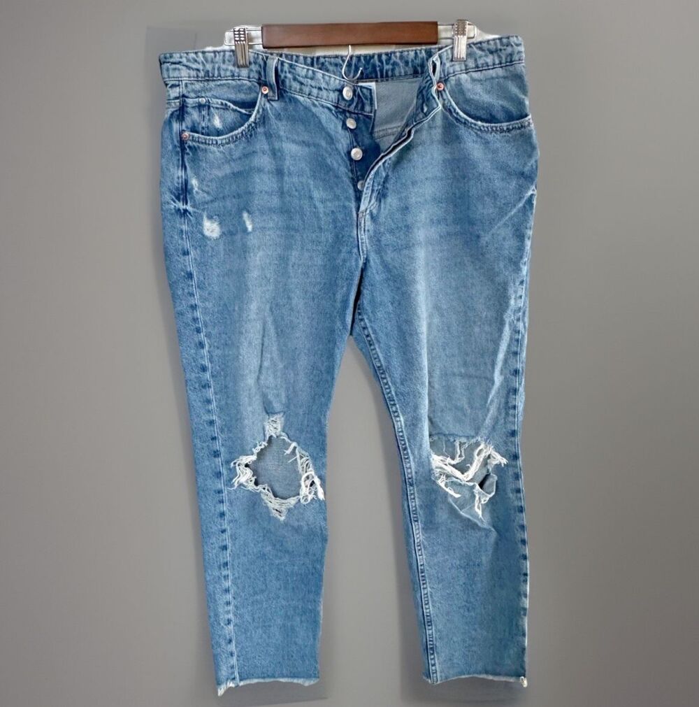 h&m distressed boyfriend jeans size 16 y2k grunge relaxed fit raw hem button fly